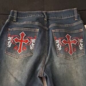 ROMWE Dark Blue Boot Cut Jeans with Red & Silver Embellished Back Pockets